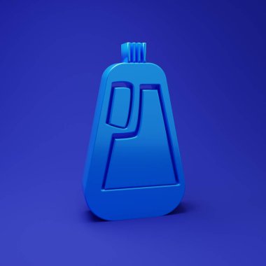 Mavi plastik şişe sıvı çamaşır deterjanı, çamaşır suyu, bulaşık deterjanı mavi arka planda izole edilmiş ikon. Minimalizm kavramı. 3 Boyutlu resimleme.