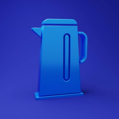 Mavi arka planda ikonu olan mavi çaydanlık. Çaydanlık ikonu. Minimalizm kavramı. 3 Boyutlu resimleme.