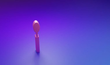 Mor-mavi arkaplanda izole edilmiş pembe kaşık simgesi. Mutfak aletleri. Çatal bıçak seti. Minimalizm kavramı. 3 Boyutlu resimleme.
