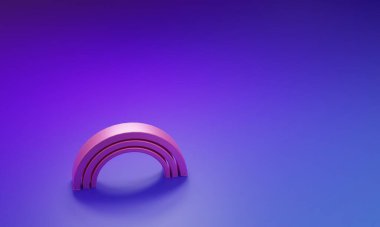 Mor-mavi arkaplanda izole edilmiş pembe gökkuşağı simgesi. Minimalizm kavramı. 3 Boyutlu resimleme.
