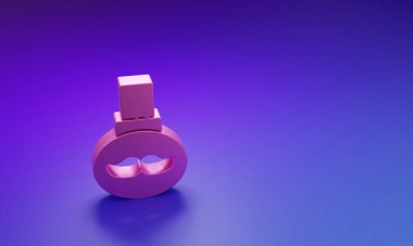 Mor-mavi arka planda pembe sakal ve bıyıklı yağ şişesi ikonu. Pipetli cam şişe. Minimalizm kavramı. 3 Boyutlu resimleme.