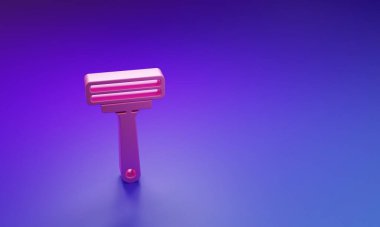 Mor-mavi arkaplandaki pembe tıraş makinesi simgesi. Minimalizm kavramı. 3 Boyutlu resimleme.