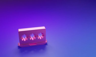 Mor-mavi arkaplanda izole edilmiş parola bildirim simgesine sahip pembe dizüstü bilgisayar. Güvenlik, kişisel erişim, kullanıcı yetkisi, giriş formu. Minimalizm kavramı. 3 Boyutlu resimleme.