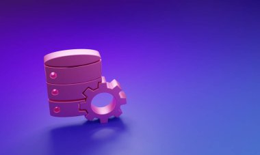 Mor-mavi arkaplanda Pembe Sunucu ve dişli simgesi izole edildi. Uygulama, servis konsepti, ayar seçenekleri, bakım, onarım, onarım. Minimalizm kavramı. 3 Boyutlu resimleme.