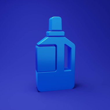 Mavi Kumaş yumuşatıcı simgesi mavi arkaplanda izole edildi. Sıvı çamaşır deterjanı, saç kremi, temizlik maddesi, çamaşır suyu. Minimalizm kavramı. 3 Boyutlu resimleme.