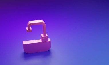 Mor-mavi arka planda su musluğu ikonu olan pembe lavabo. Minimalizm kavramı. 3 Boyutlu resimleme.