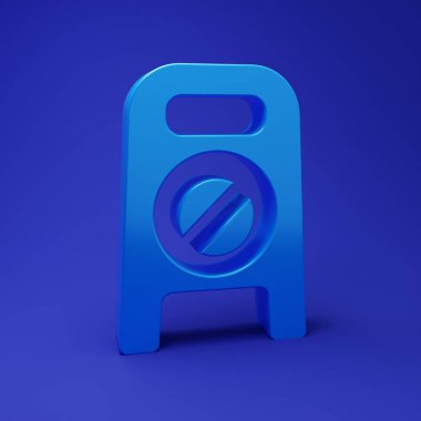 Mavi ıslak zemin ve temizlik ikonu mavi arka planda izole edildi. Temizlik hizmeti konsepti. Minimalizm kavramı. 3 Boyutlu resimleme.