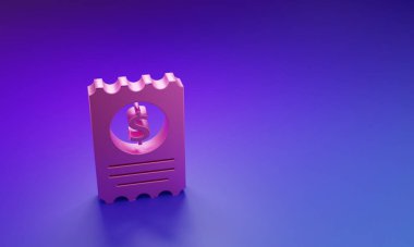 Mor-mavi arka planda pembe kağıt kontrolü ve mali kontrol simgesi izole edildi. Kağıt baskı çeki, makbuz ya da fatura. Minimalizm kavramı. 3 Boyutlu resimleme.