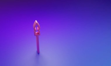 Mor-mavi arka planda izole edilmiş pembe ortaçağ mızrak ikonu. Ortaçağ silahı. Minimalizm kavramı. 3 Boyutlu resimleme.