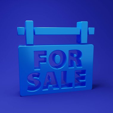 Mavi arka planda satılık simgesinin izole edildiği mavi asılma işareti. Satılık mesajlı pano. Minimalizm kavramı. 3 Boyutlu resimleme.
