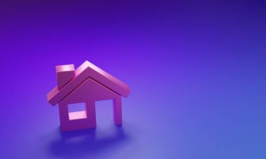Mor-mavi arka planda izole edilmiş Pembe Ev simgesi. Ev sembolü. Minimalizm kavramı. 3 Boyutlu resimleme.
