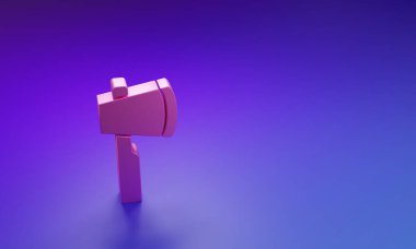 Mor-mavi arka planda izole edilmiş pembe tahta balta simgesi. Oduncu baltası. Minimalizm kavramı. 3 Boyutlu resimleme.