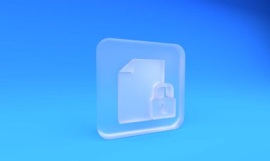 Buzlu cam belge ve kilit simgesi mavi arkaplanda izole edildi. Dosya biçimi ve asma kilit. Güvenlik, güvenlik, koruma kavramı. Kare buzlu cam düğme. 3 Boyutlu resimleme.