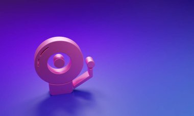 Mor-mavi arka planda izole edilmiş pembe zil simgesi. Alarm sembolü, servis zili, el zili işareti, uyarı sembolü. Minimalizm kavramı. 3 Boyutlu resimleme.