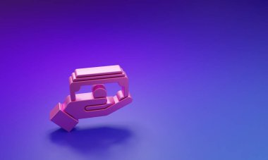 Pink Stacks kağıt para para el ikonu mor-mavi arka plan izole. Sigorta konsepti. Para desteleri. Para birimi. Minimalizm kavramı. 3 Boyutlu resimleme.