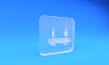 Buzlu cam Router ve kablosuz ağ sinyali ikonu mavi arkaplanda izole edilmiş. Kablosuz ethernet modem yönlendirici. Bilgisayar teknolojisi interneti. Kare buzlu cam düğme. 3 Boyutlu resimleme.