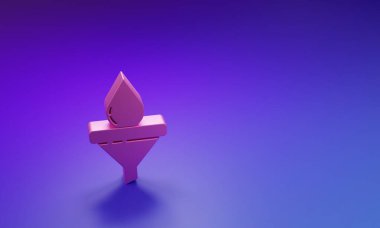 Mor-mavi arka planda izole edilmiş pembe huni veya filtre ve motor yağı damlası simgesi. Minimalizm kavramı. 3 Boyutlu resimleme.