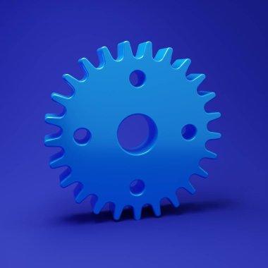 Mavi Vites simgesi mavi arkaplanda izole edildi. Çarklı teçhizat ayarları. İşçi sembolü. Minimalizm kavramı. 3 Boyutlu resimleme.