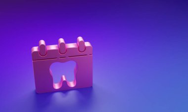 Mor-mavi arka planda izole edilmiş diş simgesine sahip pembe takvim. Uluslararası Diş Hekimleri Günü, 6 Mart. Mart tatili takvimi. Minimalizm kavramı. 3 Boyutlu resimleme.