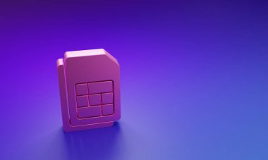 Mor-mavi arkaplanda izole edilmiş pembe Sim kart simgesi. Cep telefonu sim kart çipi. Mobil telekomünikasyon teknolojisi sembolü. Minimalizm kavramı. 3 Boyutlu resimleme.