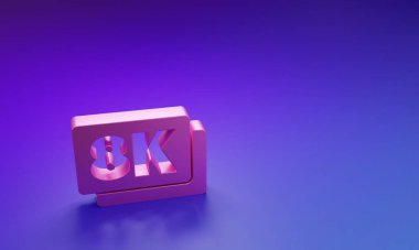 Mor-mavi arkaplanda izole edilmiş Pembe 8k Ultra HD simgesi. Minimalizm kavramı. 3 Boyutlu resimleme.