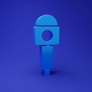 Mavi Mikrofon simgesi mavi arkaplanda izole edildi. Radyodaki mikrofondan. Sözcü işareti. Minimalizm kavramı. 3 Boyutlu resimleme.