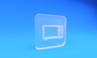 Buzlu cam mikrodalga fırın ikonu mavi arkaplanda izole edilmiş. Ev aletleri simgesi. Kare buzlu cam düğme. 3 Boyutlu resimleme.