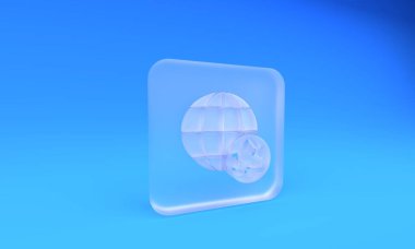 Buzlu cam Gezegen Dünya ve mavi arka planda izole edilmiş bir geri dönüşüm ikonu. Çevresel konsept. Kare buzlu cam düğme. 3 Boyutlu resimleme.