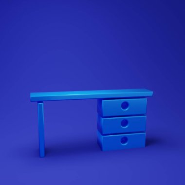 Mavi Ofis masa simgesi mavi arkaplanda izole edildi. Minimalizm kavramı. 3 Boyutlu resimleme.