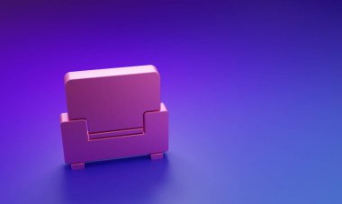 Mor-mavi arkaplanda izole edilmiş pembe Kol Koltuğu simgesi. Minimalizm kavramı. 3 Boyutlu resimleme.