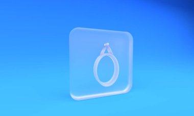 Mavi arkaplanda izole edilmiş buzlu cam ayna ikonu. Kare buzlu cam düğme. 3 Boyutlu resimleme.