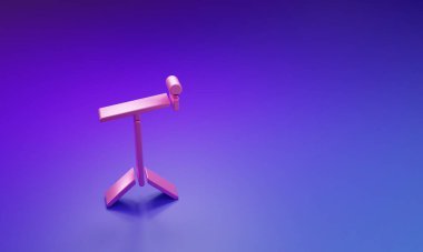 Mor-mavi arka planda izole edilmiş duruş simgesine sahip pembe mikrofon. Minimalizm kavramı. 3 Boyutlu resimleme.
