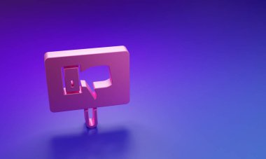 Mor-mavi arka planda izole edilmiş pembe protesto simgesi. Toplantı, protestocu, grev, konuşma, pankart, protesto pankartı, dilekçe, lider, broşür. Minimalizm kavramı. 3 Boyutlu resimleme.