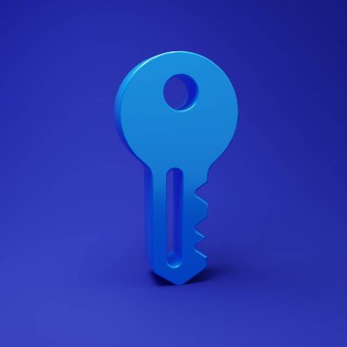 Mavi Ev anahtar simgesi mavi arkaplanda izole edildi. Minimalizm kavramı. 3 Boyutlu resimleme.