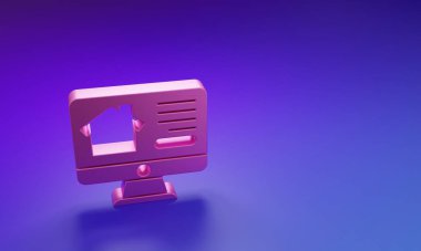 Pink Online emlak evi mor-mavi arka planda izole edilmiş monitör ikonunda. Ev kredisi konsepti, kira, satın alma, mülk alma. Minimalizm kavramı. 3 Boyutlu resimleme.