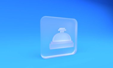 Buzlu cam otel servis çanı simgesi mavi arkaplanda izole edilmiş. Resepsiyon zili. Kare buzlu cam düğme. 3 Boyutlu resimleme.