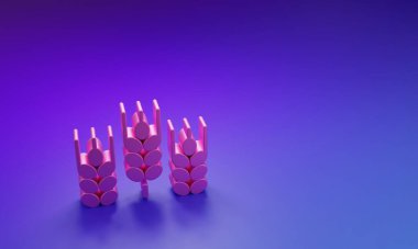 Pembe gevrekler, pirinç, buğday, mısır, yulaf, çavdar, mor-mavi arka planda izole edilmiş arpa ikonu. Buğday ekmeği sembolleri. Minimalizm kavramı. 3 Boyutlu resimleme.