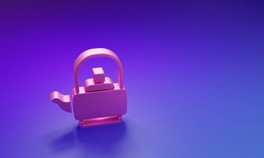 Mor-mavi arka planda izole edilmiş, sapı simgesi olan pembe çaydanlık. Çaydanlık ikonu. Minimalizm kavramı. 3 Boyutlu resimleme.