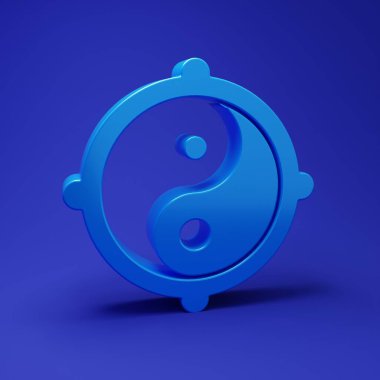 Mavi Yin Yang mavi arka planda izole edilmiş uyum ve denge simgesi sembolü. Minimalizm kavramı. 3 Boyutlu resimleme.