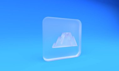 Buzlu cam volkan patlaması ve mavi arka planda izole lav ikonu. Kare buzlu cam düğme. 3 Boyutlu resimleme.