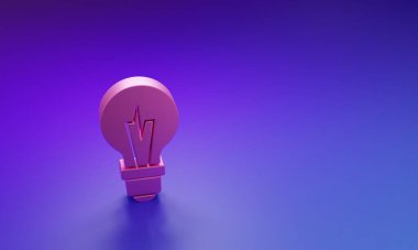 Mor-mavi arka planda izole edilmiş fikir ikonu kavramına sahip pembe ışık ampulü. Enerji ve fikir sembolü. İlham konsepti. Minimalizm kavramı. 3 Boyutlu resimleme.