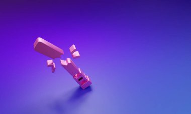 Mor-mavi arka planda izole edilmiş pembe kırık beyzbol sopası simgesi. Minimalizm kavramı. 3 Boyutlu resimleme.