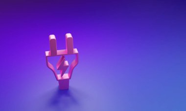 Mor-mavi arkaplanda izole edilmiş Pembe Elektrik buji simgesi. Bağlantı kavramı ve elektriğin kesilmesi. Minimalizm kavramı. 3 Boyutlu resimleme.
