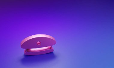 Mor-mavi arka planda izole edilmiş pembe askeri bere ikonu. Asker şapkası. Ordu şapkası. Savaş şapkası. Minimalizm kavramı. 3 Boyutlu resimleme.