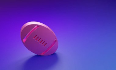 Mor-mavi arka planda izole edilmiş pembe Amerikan futbol ikonu. Ragbi topu ikonu. Takım spor sembolü. Minimalizm kavramı. 3 Boyutlu resimleme.