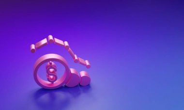 Mor-mavi arkaplanda izole edilmiş pembe dolar oranı azaltımı simgesi. Maliyet düşüşü. Aşağı ok ile para sembolü. İş kaybı kriz azalıyor. Minimalizm kavramı. 3 Boyutlu resimleme.