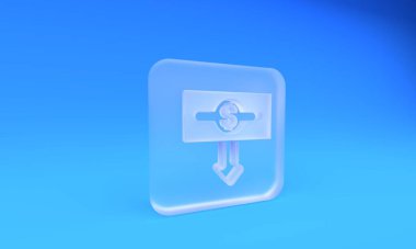 Buzlu cam dolar oranı, mavi arkaplanda izole edilmiş ikonu azaltır. Maliyet düşüşü. Aşağı ok ile para sembolü. İş kaybı kriz azalıyor. Kare buzlu cam düğme. 3 Boyutlu resimleme.