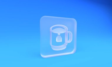 Mavi arka planda izole edilmiş çay poşeti ikonu olan buzlu cam çay bardağı. Kare buzlu cam düğme. 3 Boyutlu resimleme.