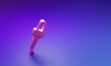 Mor-mavi arka planda izole edilmiş yağ ikonlu Pembe Pipette. Organik aromaterapi özü. Cilt bakımı serumu cam bırakma paketi. Minimalizm kavramı. 3 Boyutlu resimleme.