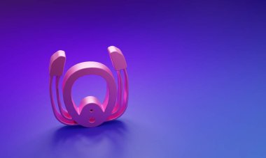 Mor-mavi arka planda izole edilmiş şnorkel ikonlu pembe dalış maskesi. Olağanüstü bir spor. Su altı ekipmanları. Minimalizm kavramı. 3 Boyutlu resimleme.
